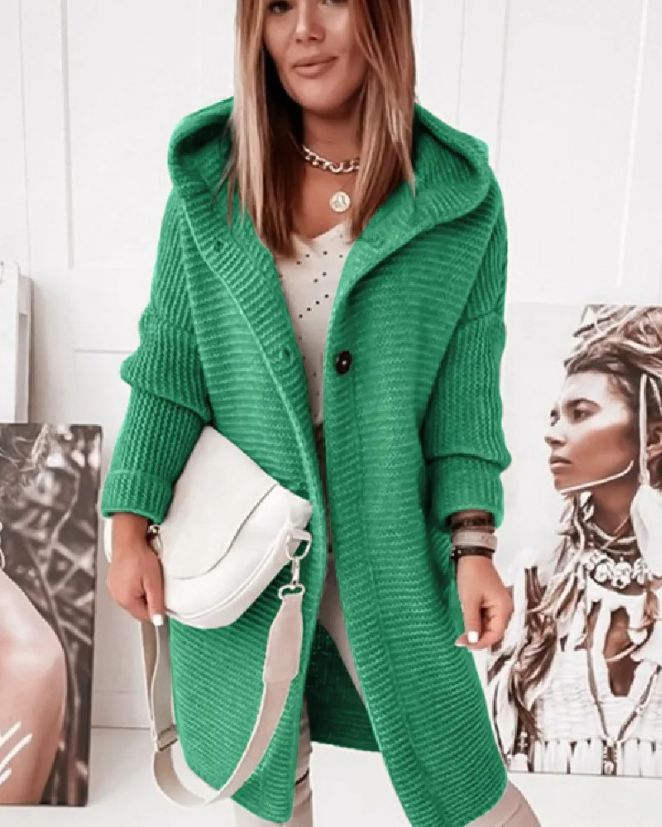 Heidi-Mode | Lange Damen-Weste, Strickjacke mit Kapuze und Knöpfen