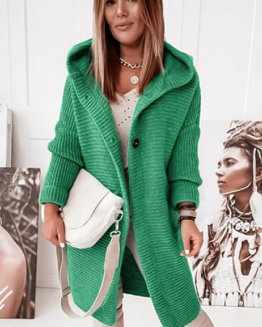 Heidi-Mode | Lange Damen-Weste, Strickjacke mit Kapuze und Knöpfen