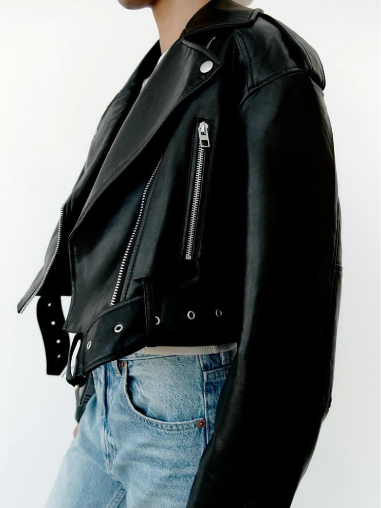 Heidi-Mode | Lederjacke Damen Kurz Biker Modell mit Gürtel und Reißverschlusdetails