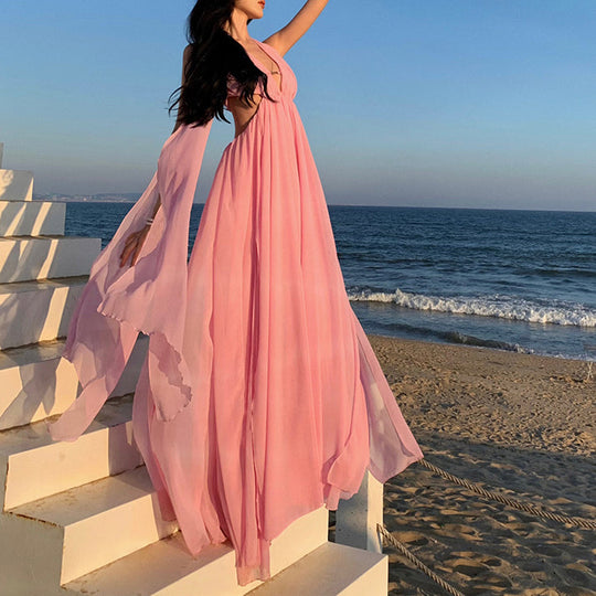 Heidi-Mode | Pink Ribbon Halter Neck Hollow Slit Urlaubskleid