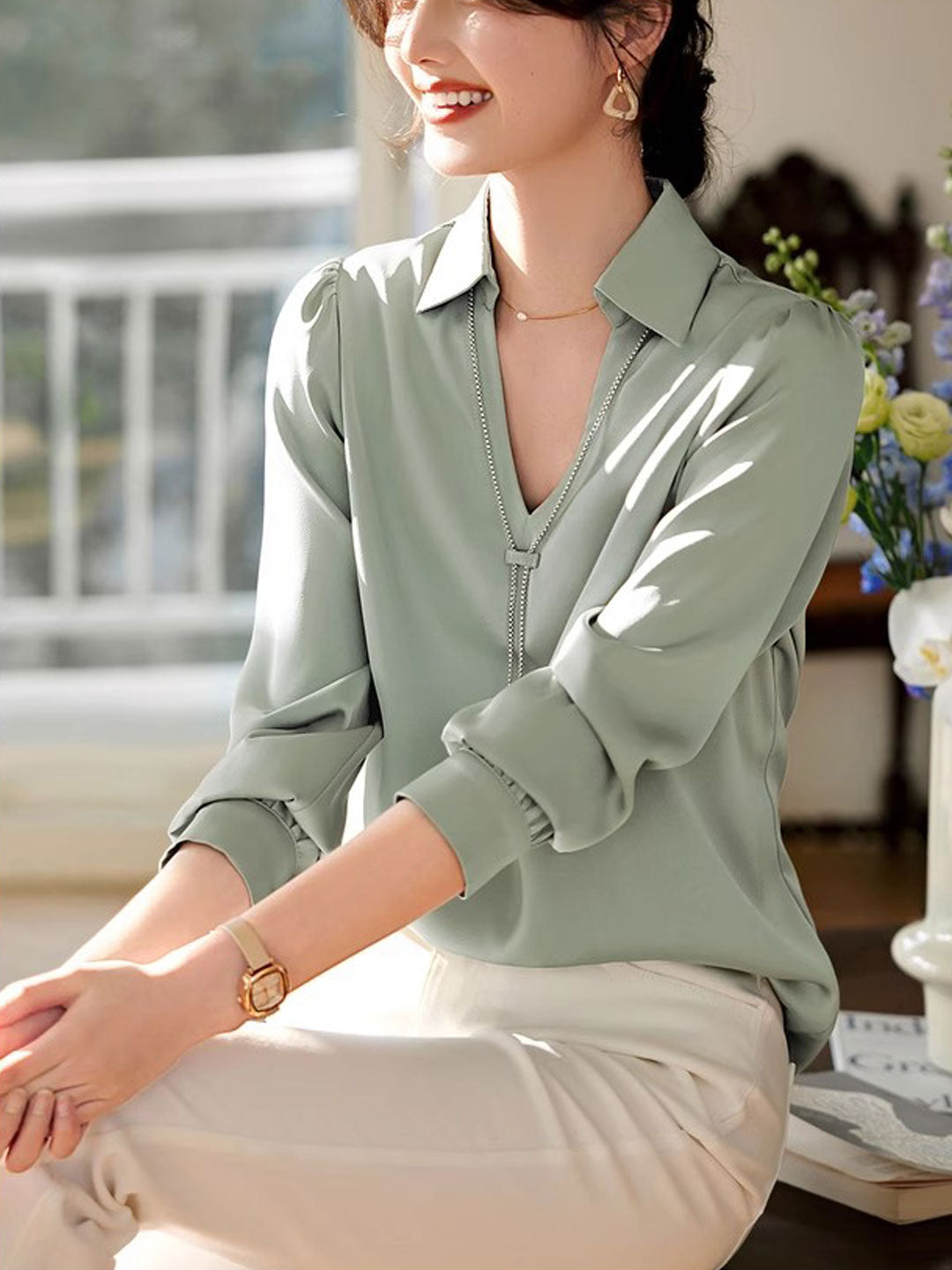 Heidi-Mode | Top Elegante V-Ausschnitt Satin Hemd