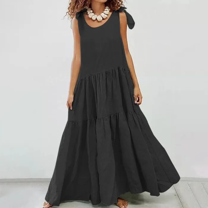Mode Fest Farbe Schnürung Weste Casual geraffte Maxi Kleid