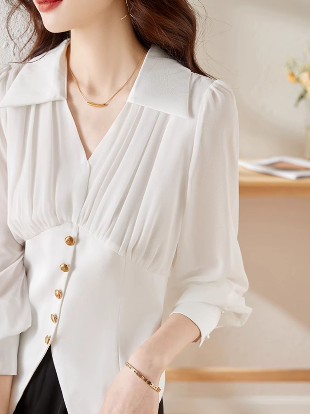 Heidi-Mode | Chiffon Falten Taille Shirt Schwarz
