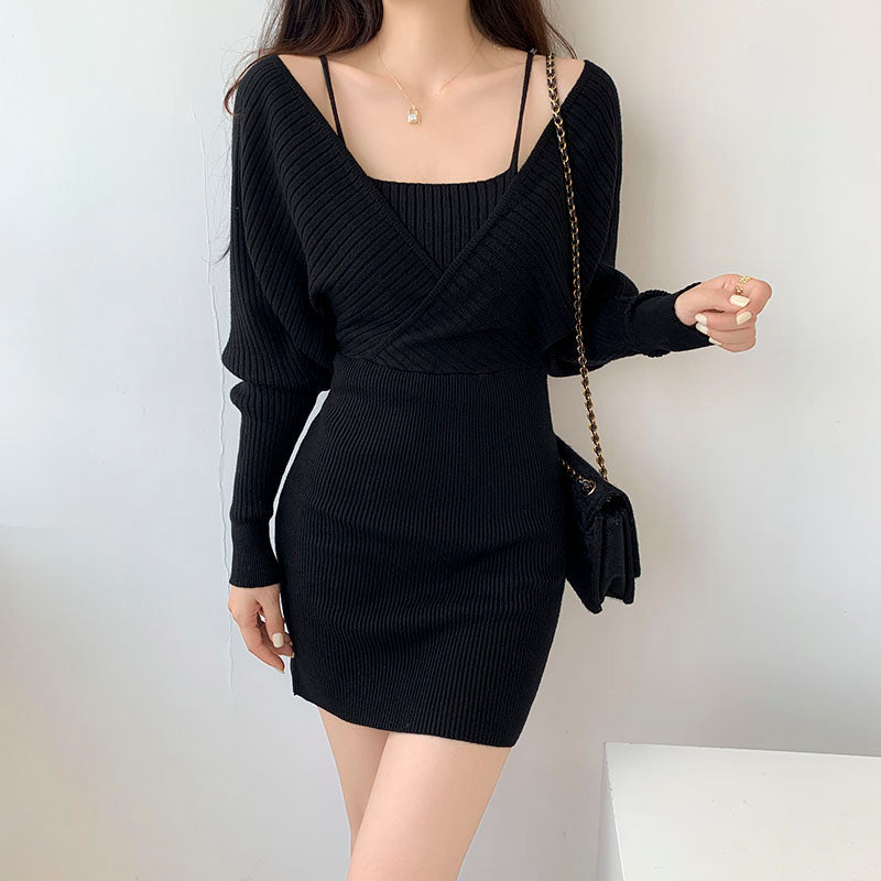 Heidi-Mode | Fake Zweiteiler Slim Fit Langarm Strickkleid