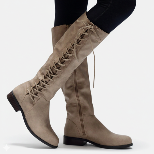 Heidi-Mode | Knielange Stiefel Kunstleder Kreuzschnürung Seitlicher Reißverschluss Niedriger Absatz