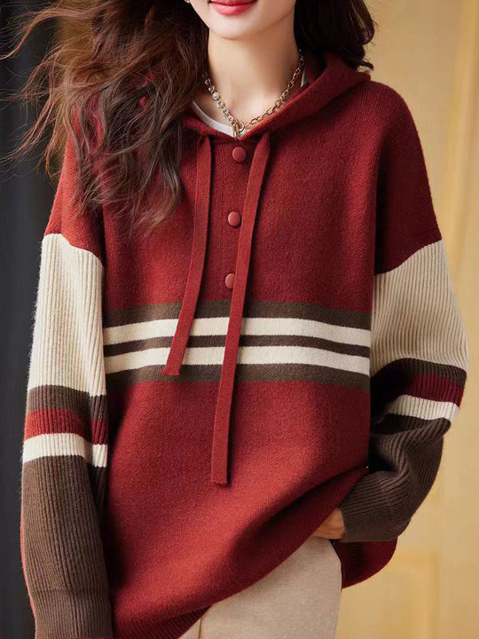 Heidi-Mode | Hoodie Casual Kontrastfarbe Gestrickter Hoodie