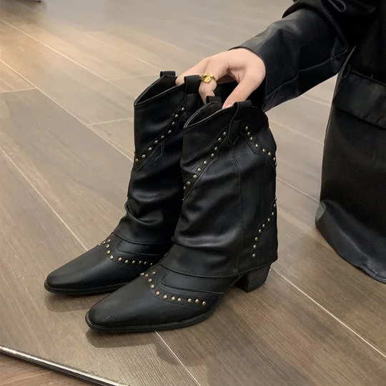 Heidi-Mode | Kurze Western Stiefel mit Nieten & Mittelhohem Absatz Damen Cowboy Stiefel