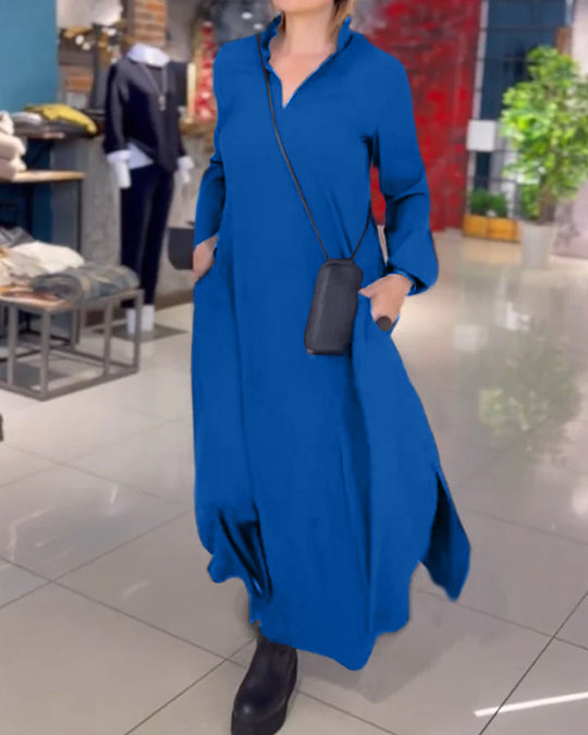 Evia – Lockeres langes Kleid mit Revers und Seitenschlitz