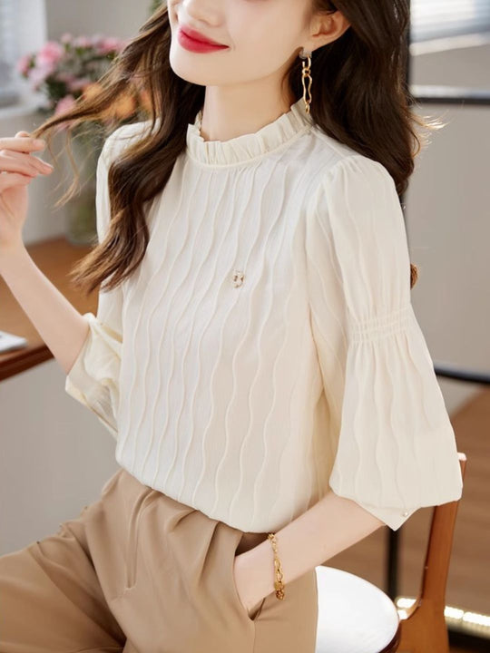 Heidi-Mode | Wavy Textured Stand Collar Top Gelb