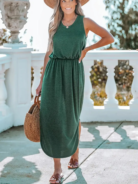 Heidi-Mode | Elegante Maxikleid Ohne Ärmel mit Hohem Schlitz Sommer Bodycon Kleid mit V-Ausschnitt für Frauen