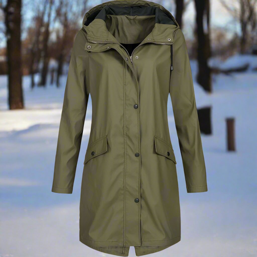Heidi-Mode | Regenjacke Wasserdicht mit Kapuze und Reißverschluss Mittellang Praktische Taschen
