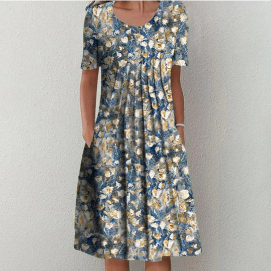 Heidi-Mode | Kleid A-Linie Passform Knielang mit Kurzen Ärmeln Blumenmuster mit Taschen