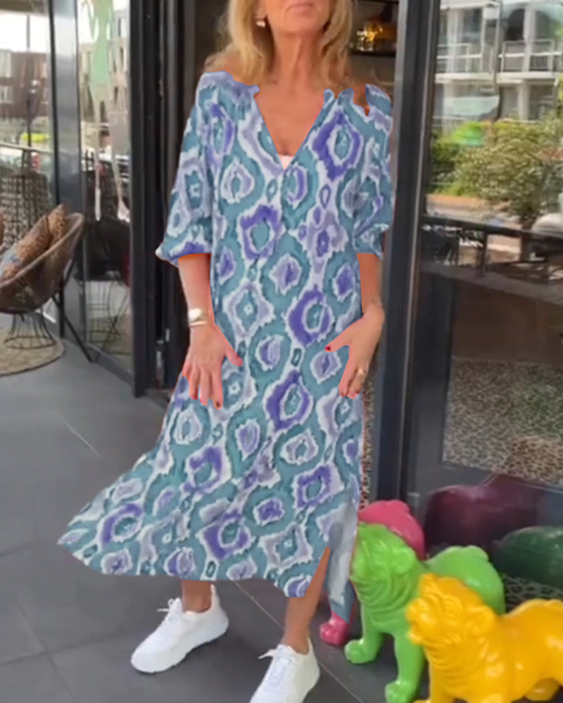 Heidi-Mode | Stilvolles Gemustertes Sommerkleid mit Halben Ärmeln