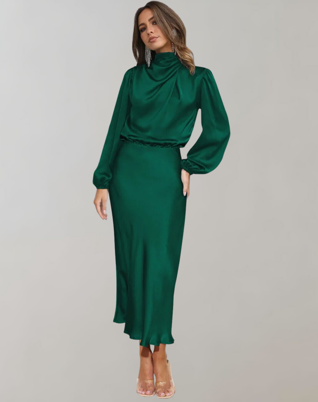elegantes Satin-Abendkleid mit langen Ärmeln