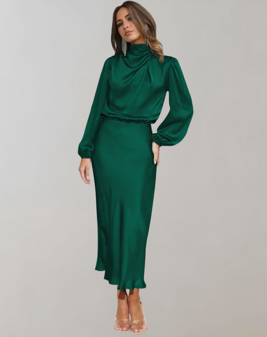 elegantes Satin-Abendkleid mit langen Ärmeln