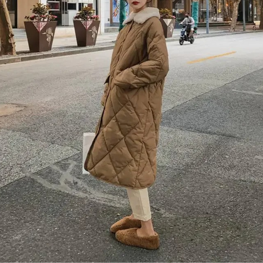 Heidi-Mode | Stylische Übergroße Steppjacke mit Pelzkragen und Knöpfen Ideal für Herbst/Winter