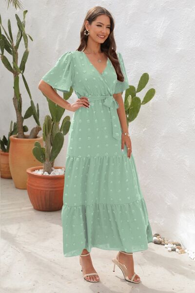 Heidi-Mode | Swiss Dot Gebunden Surplice Kurzarmkleid