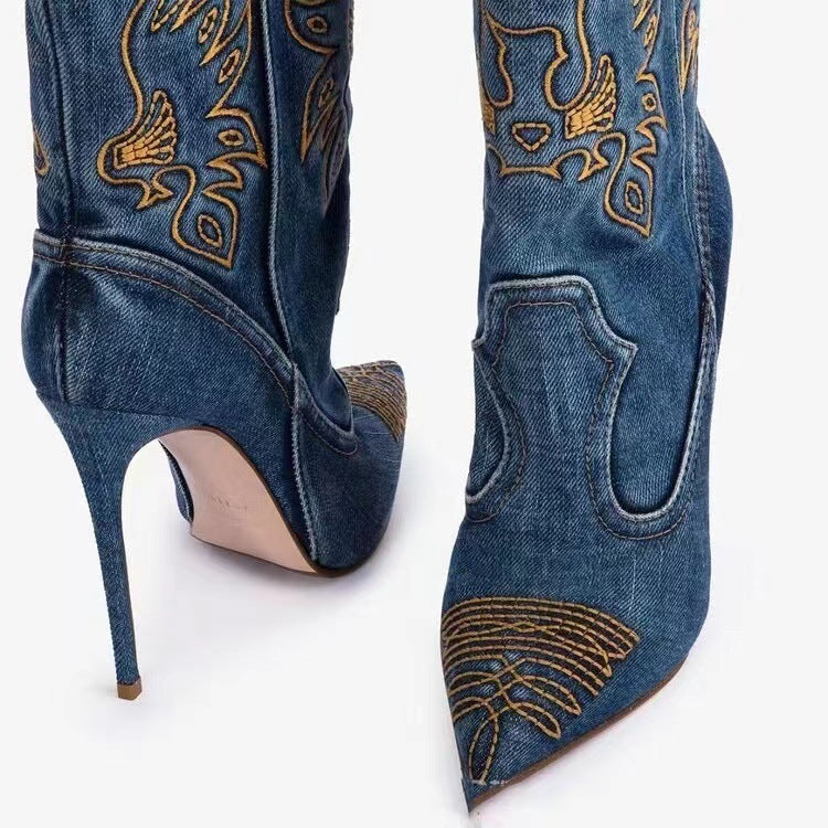 Heidi-Mode | Damenmode Western Denim Stil High Heels Stiefel