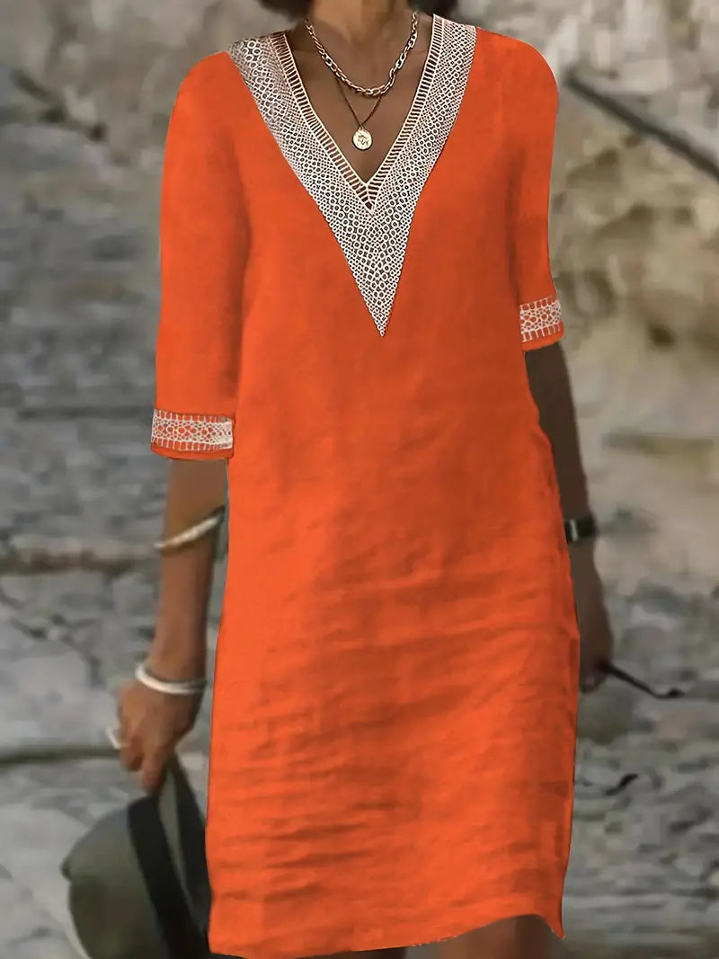 Guipure Spitzen V Ausschnitt Kleid