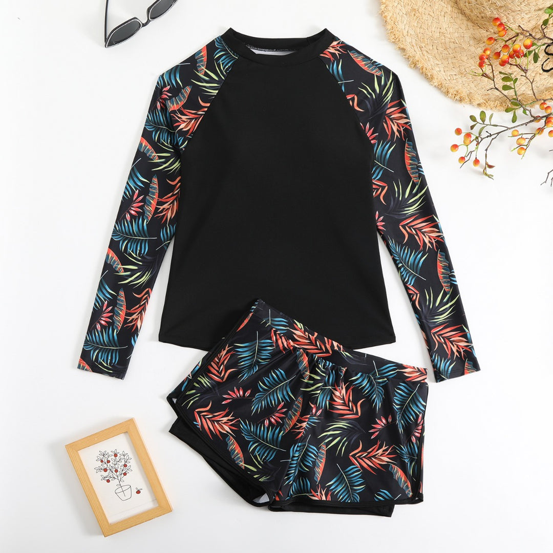 Heidi Mode | Langarm Print Spleißen Doppelhose Tankini Badeanzug