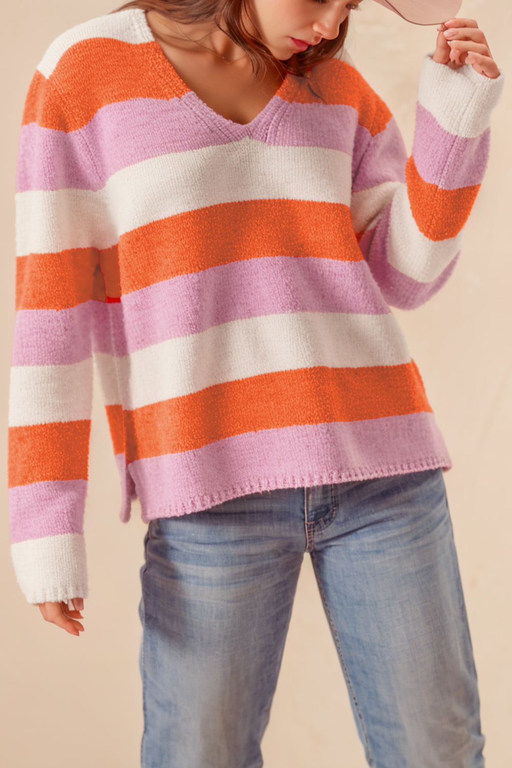 Gestreifter Colorblock V-Ausschnitt Freizeitpullover