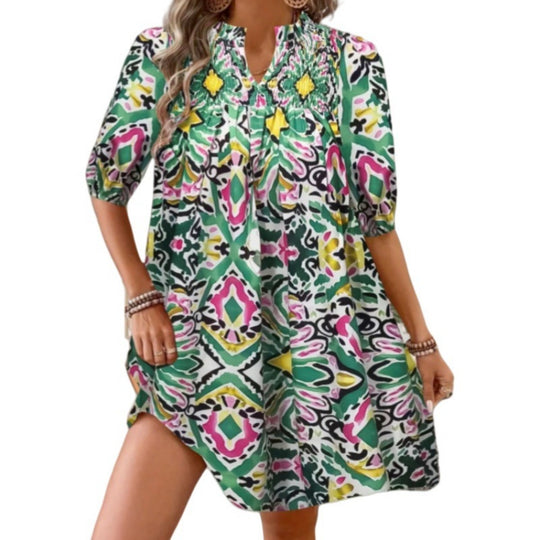 Heidi Mode | Bohemian Women 's Fashion Bedrucktes Kleid mit V-Ausschnitt