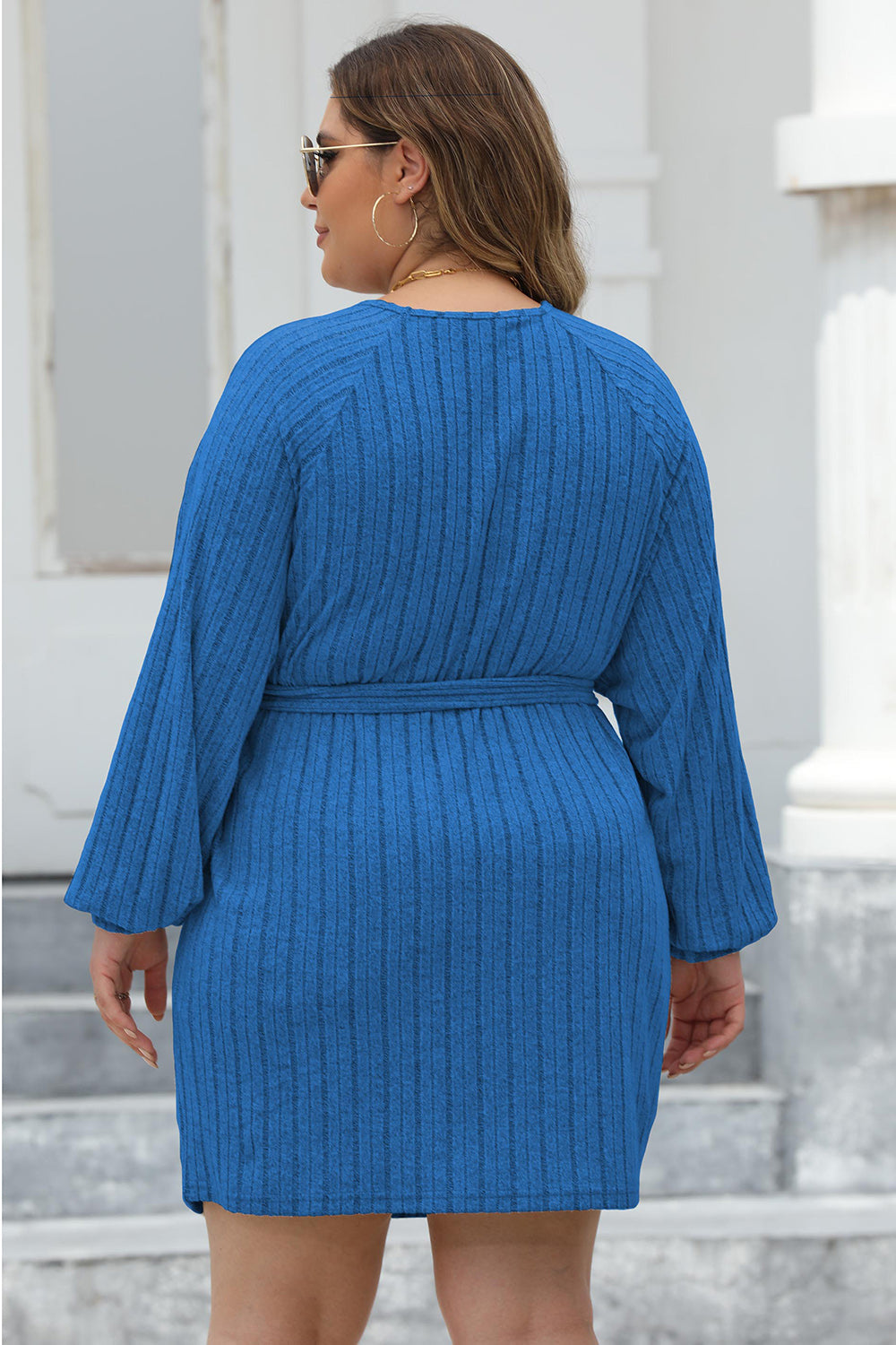 Heidi-Mode | Plus Size Rippstrick Knotenfront Langarm Pullover Kleid
