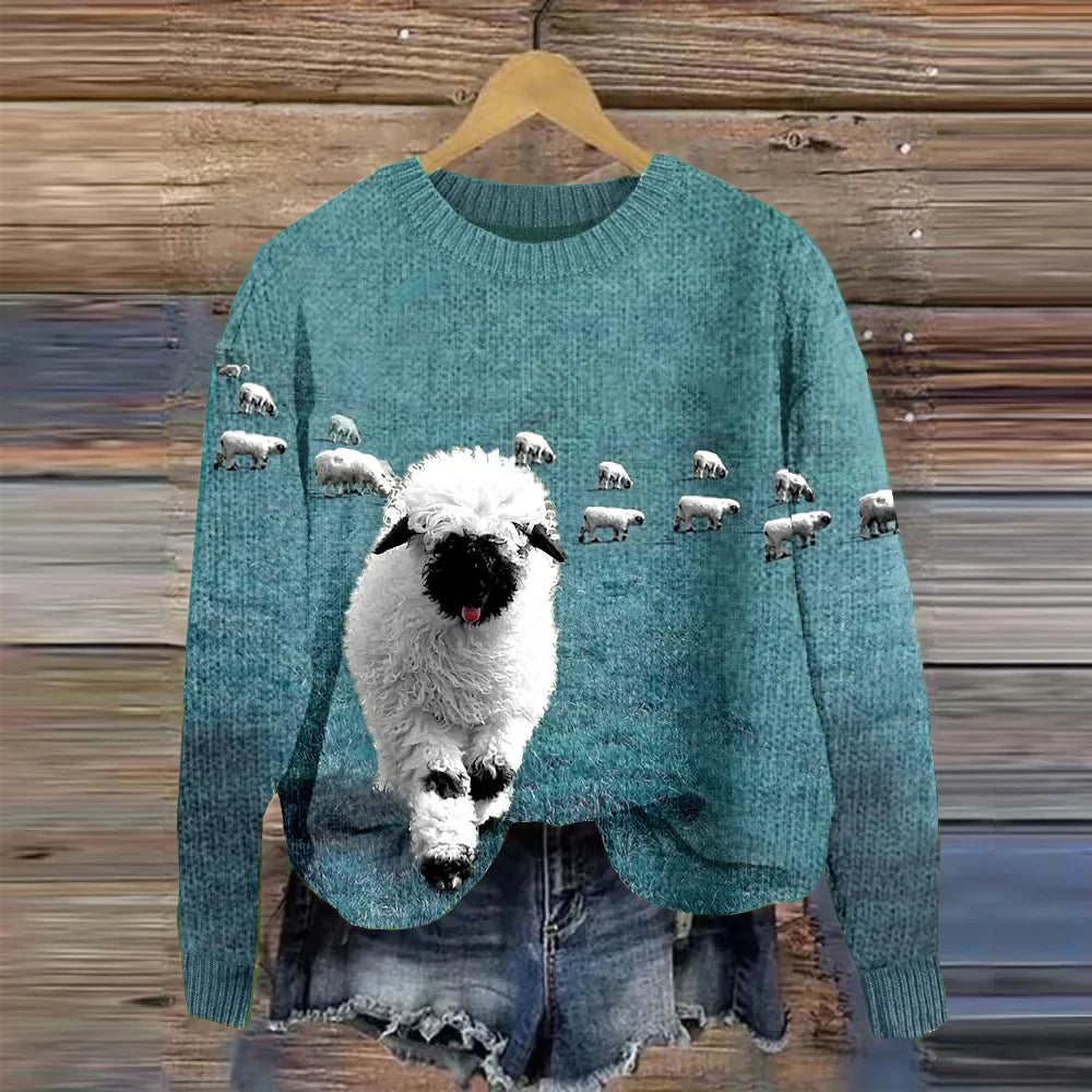 Heidi-Mode | Bequemer Strickpullover Mit Rundhalsausschnitt und Stray Sheep Druck