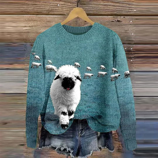 Heidi-Mode | Bequemer Strickpullover Mit Rundhalsausschnitt und Stray Sheep Druck