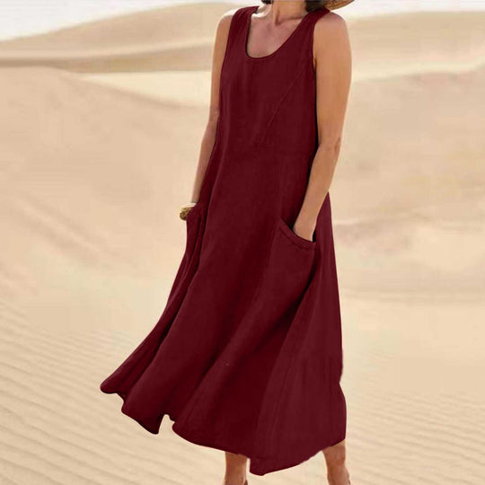 Heidi Mode | Ärmelloses Kleid aus Baumwolle und Leinen mit Rundhalsausschnitt und Tasche