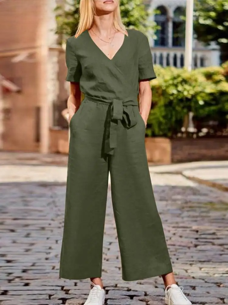 Heidi-Mode | Lässiger Lockere V-Ausschnitt Weitbeiniger Jumpsuit