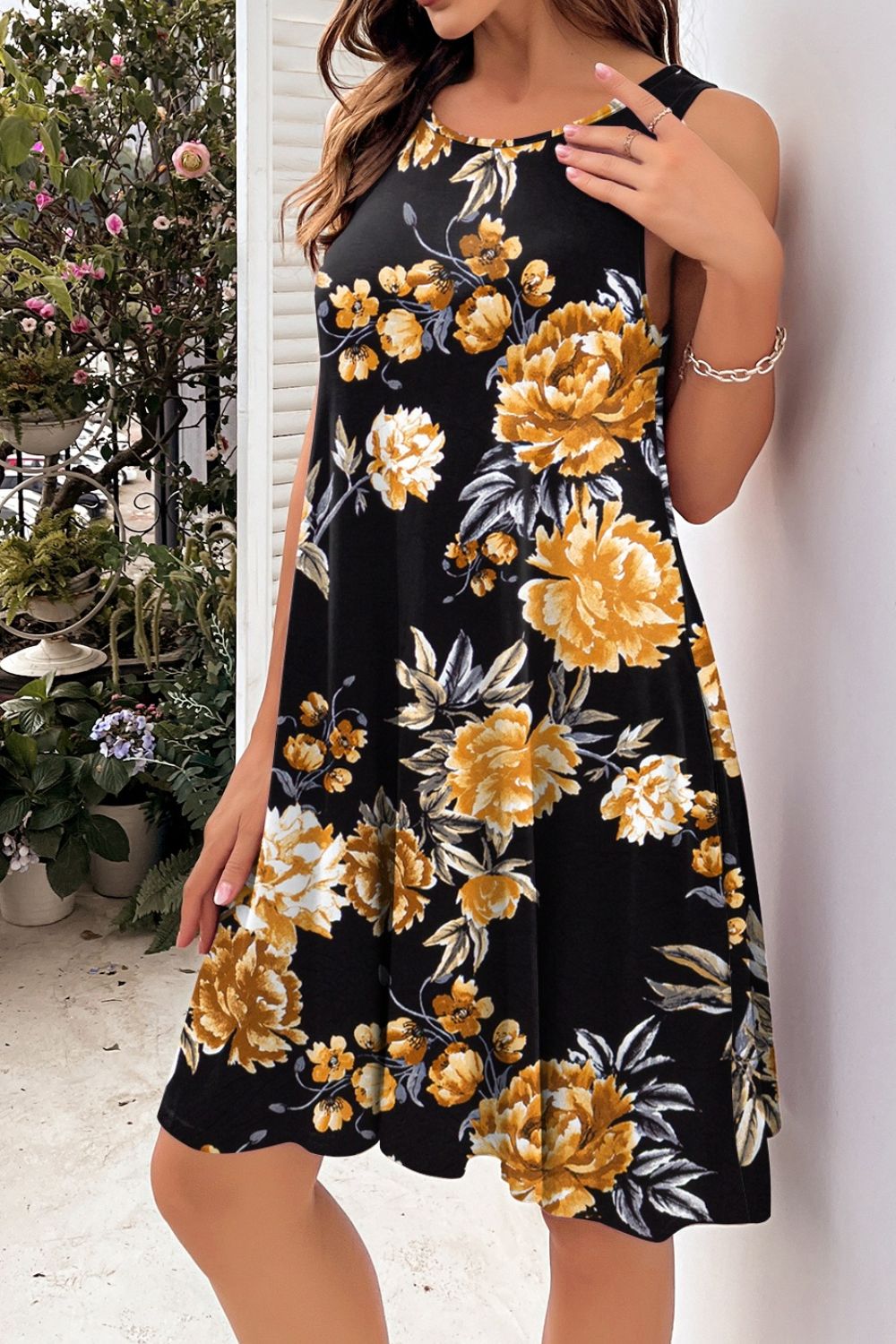 Heidi-Mode | Bedrucktes Rundhals Ärmelloses Kleid