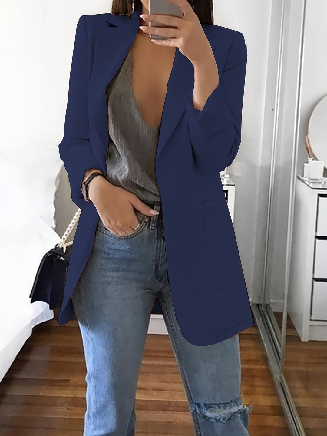 Heidi-Mode | Eleganter Einfarbiger Business-Blazer Mit Offener Vorderseite - Ideal Für Alle Jahreszeiten