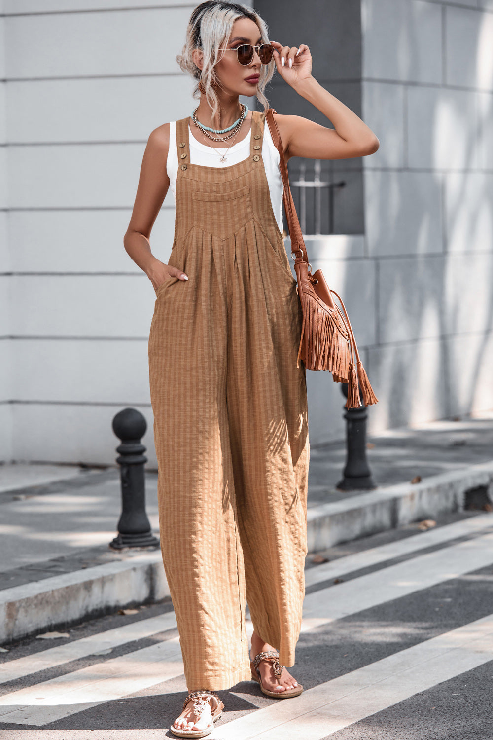 Heidi-Mode | Textured Button Width Leg Shape Overalls