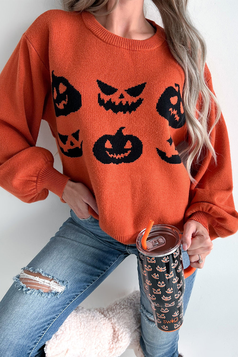 Halloween Kürbis Gesicht Muster Drop Shoulder Pullover