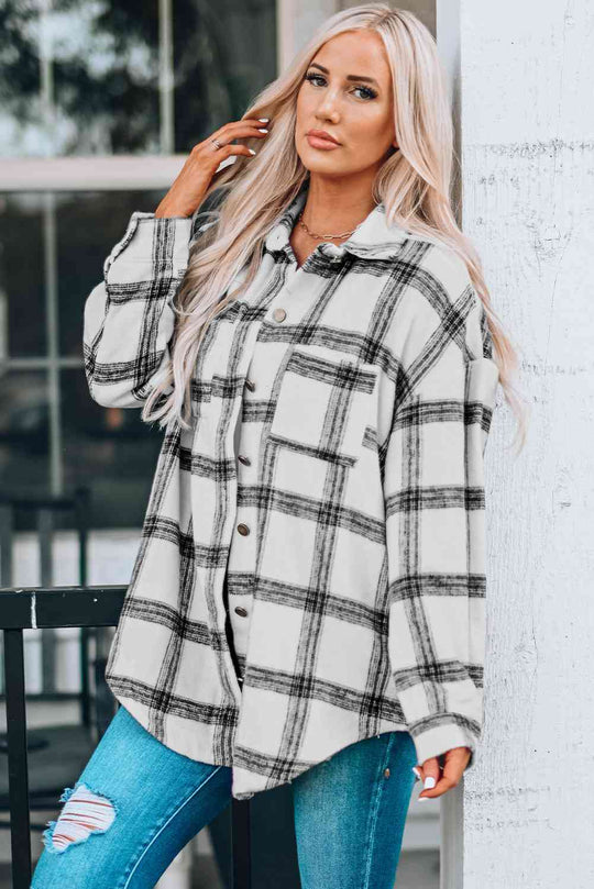 Heidi-Mode | Karo Kurviger Saum Fallende Schulter Langarmhemd Jacke
