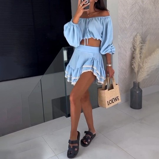 Heidi-Mode | Off Shoulder Crop Top und Rock Satz