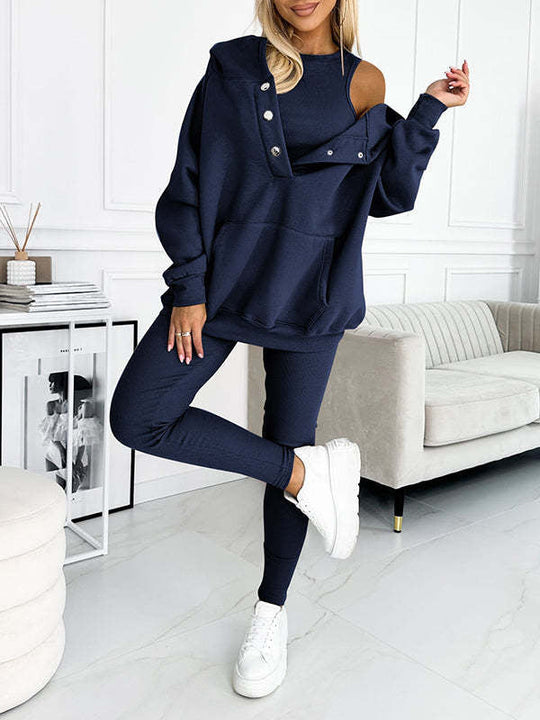 Heidi-Mode | 3-Teiliger Damen Sportanzug Lockere Kapuzenpullover Slim Hosen
