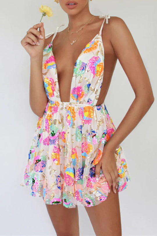 Heidi-Mode | V-Ausschnitt Offene Rücken Pailletten Blumen Binde A-Linie Mini Kleid