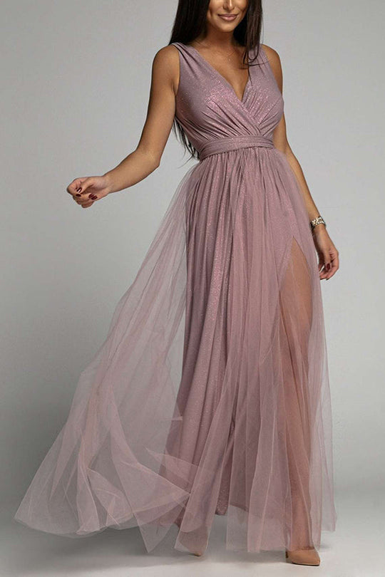 Heidi-Mode | It'S My Day Light Tulle Schlitz Maxi Kleid