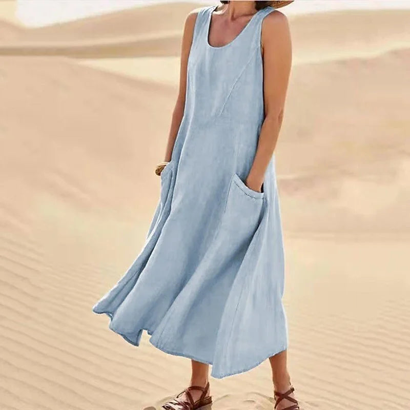 Heidi-Mode | Ärmelloses Kleid aus Baumwolle und Leinen mit Taschen für Frauen