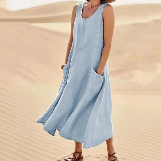 Heidi-Mode | Ärmelloses Kleid aus Baumwolle und Leinen mit Taschen für Frauen