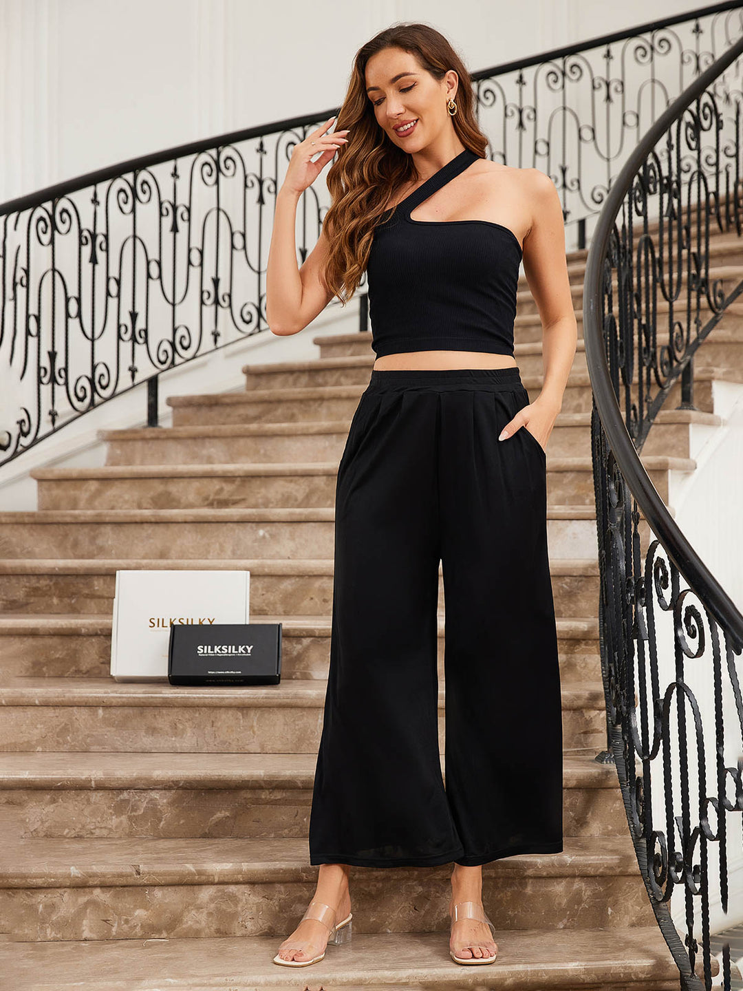 Heidi-Mode | Bequeme Breite Bein Seiden Strick Damenhosen