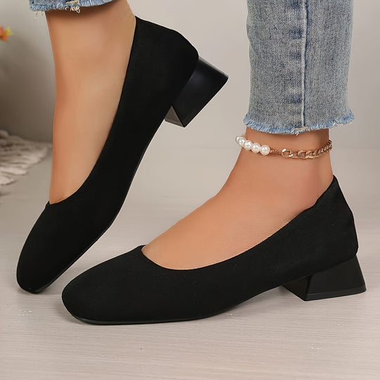 Heidi-Mode | Schwarze Flanell Pumps mit Blockabsatz