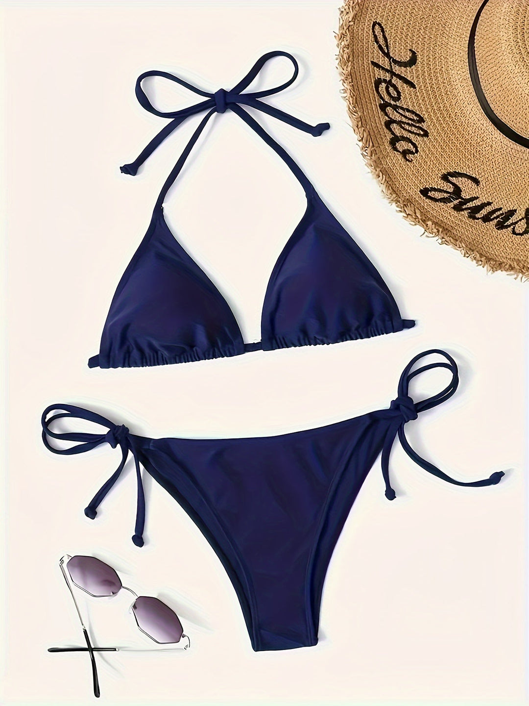 Heidi-Mode | Dunkelblaues Sexy Bikini Satz mit Halter V-Ausschnitt und Nacktem Rücken
