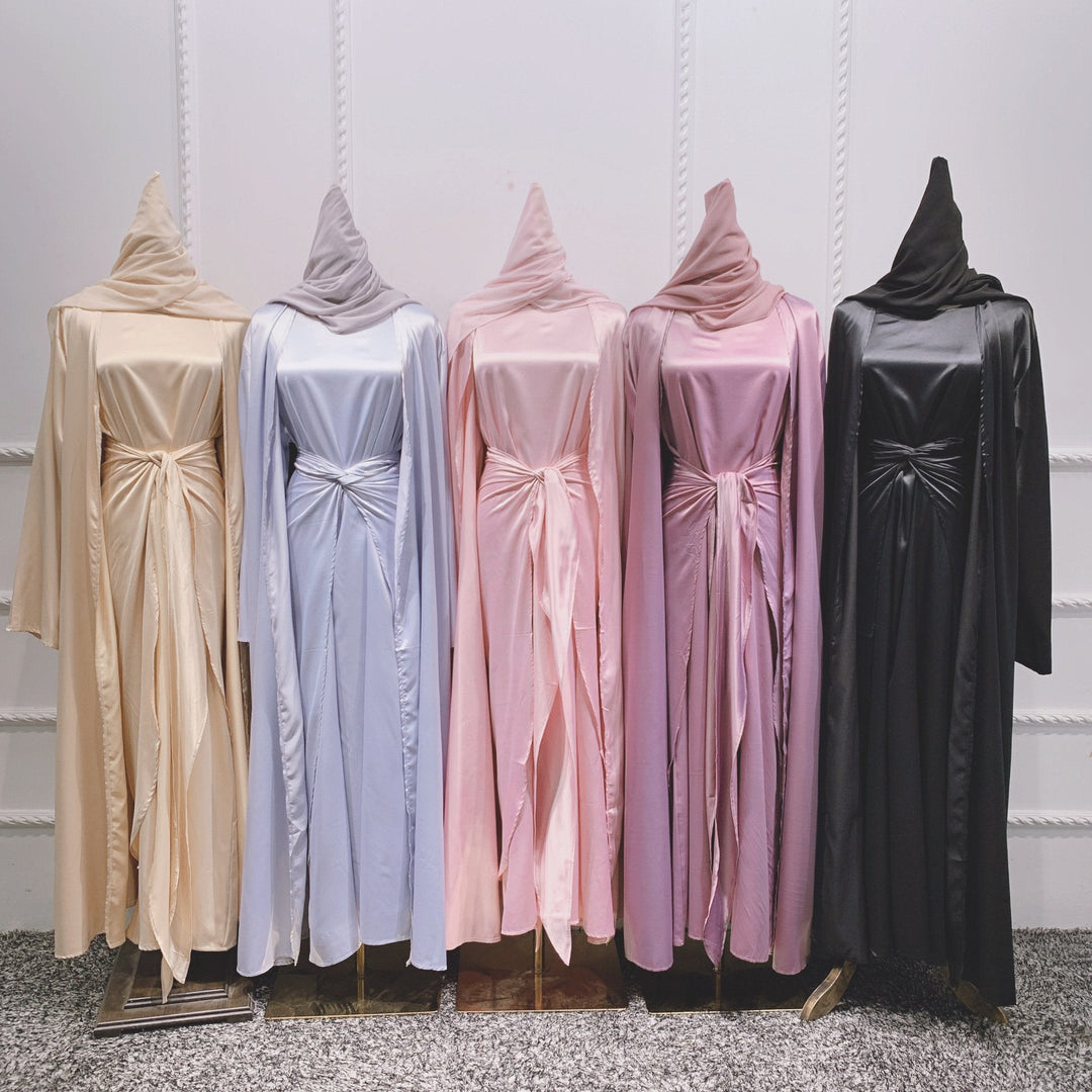 Heidi-Mode | Muslimische Frauen 4 Teile Set Abaya Kleid mit Innenkleid, Außen Abaya, Mid Wrap und Schal