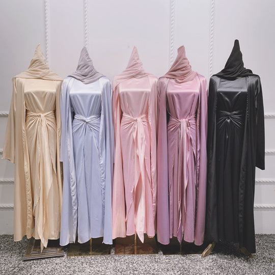 Heidi-Mode | Muslimische Frauen 4 Teile Set Abaya Kleid mit Innenkleid, Außen Abaya, Mid Wrap und Schal