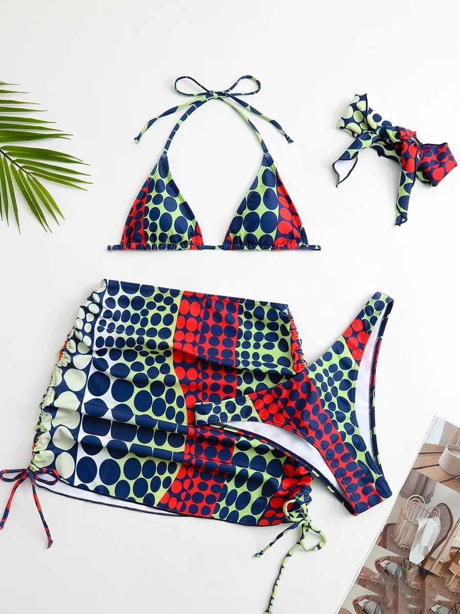Heidi-Mode | Dot Prin Bikini, Mini Rock, Kopfbedeckung 4 Stück Satzs
