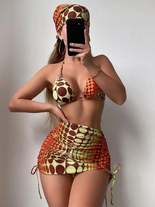 Heidi-Mode | Dot Prin Bikini, Mini Rock, Kopfbedeckung 4 Stück Satzs