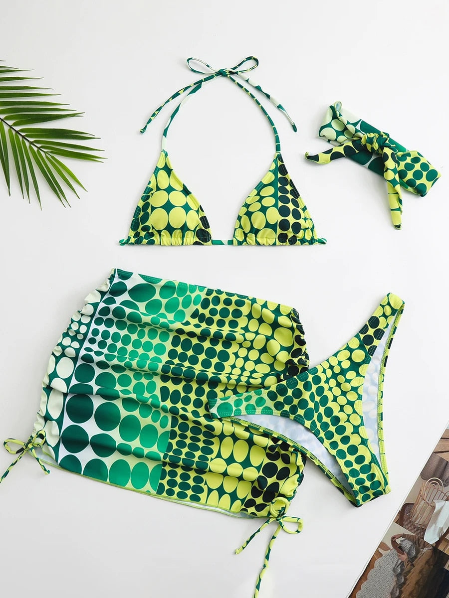 Heidi-Mode | Dot Prin Bikini, Mini Rock, Kopfbedeckung 4 Stück Satzs